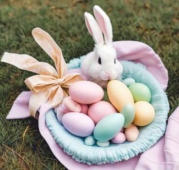 Adorable Bunny Decor. A charming arrangement of plush Easter bunny toys, pastel-colored ribbons, and decorative eggs displayed on a soft, fluffy surface like grass or a cozy blanket to evoke a sense of warmth and cuteness.