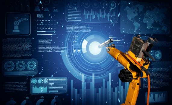 XAI Robot arm AI analyzing mathematics for mechanized industry problem solving. Concept of robotics technology and machine learning for automated manufacturing process.