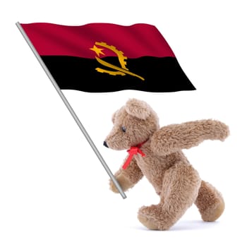 An Angola flag being carried by a cute teddy bear