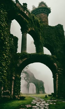 Mist-Clad Ruins. The remnants of an ancient castle, shrouded in mist. Ivy-clad walls crumble gracefully, and forgotten statues guard the entrance.