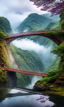 Rainbow Bridge. Arching across a misty gorge, a rainbow bridge connects two worlds. Its colors shift with the light, and travelers-human or magical, cross between realms. The bridge's ephemeral beauty.