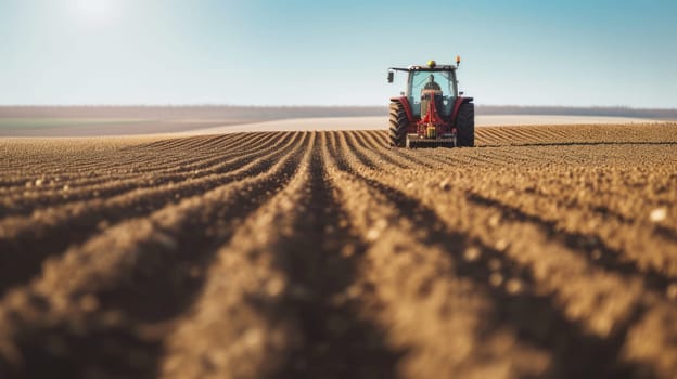 A modern tractor plows through an expansive agricultural field, preparing the soil for a new planting season under a clear sky. AIG41