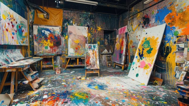 An artist's studio in full creative chaos, paint splattered everywhere, canvases in various stages of completion, vibrant colors clashing and blending. Resplendent.