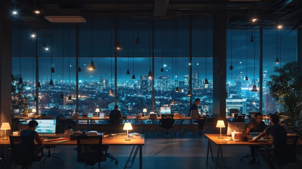 A gathering of individuals occupies office desks in a building during nighttime. The room features water fixtures, tables, and glass elements. AIG41