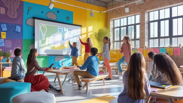 A group of children are engaging in leisure activities in a building's recreation room with a large screen. AIG41