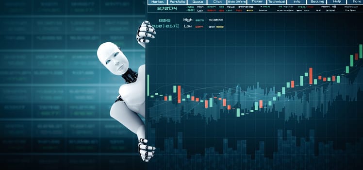 XAI 3d illustration Future financial technology controlled by AI robot using machine learning and artificial intelligence to analyze business data and give advice on investment and trading decision. 3D illustration.