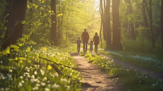 A woman and child stroll through a forest, hand in hand, amidst trees, plants, and natural woodland landscape. AIG41