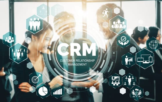 CRM Customer Relationship Management for business sales marketing system concept presented in futuristic graphic interface of service application to support CRM database analysis. uds