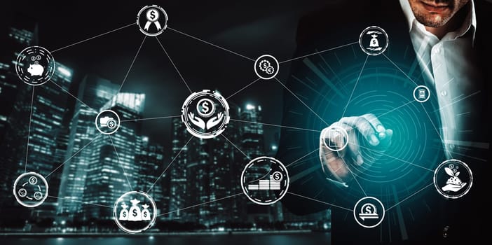 Finance and Money Transaction Technology Concept. Icon Graphic interface showing fintech trade exchange, profit statistics analysis and market analyst service in modern computer application. uds