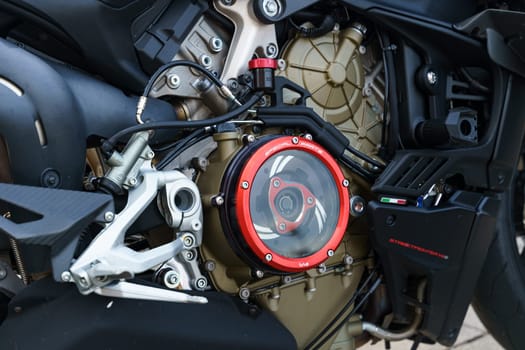 Warsaw, Poland - August 6, 2023: Detail view of the Ducati streetfighter v4 motorcycle