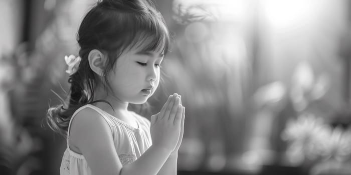 Adorable little asian girl praying at the garden. Spirituality and religion. High quality photo