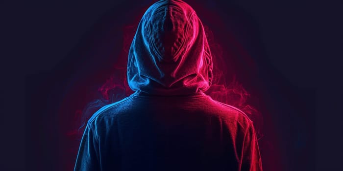Dangerous hooded hacker. Internet, cyber crime, cyber attack, system breaking and malware concept. Dark face. Anonymous holding smart phone and laptop in hands. High quality photo