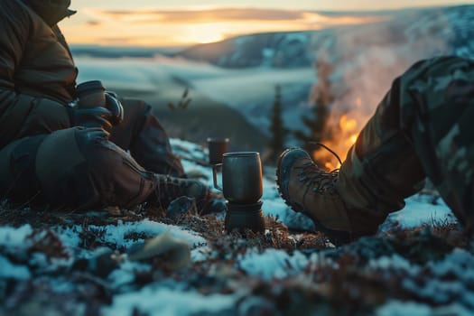 Happy young friends enjoy a sunny day at the mountain. They're laughing and roasting sausages on sticks over a campfire near tent. High quality photo