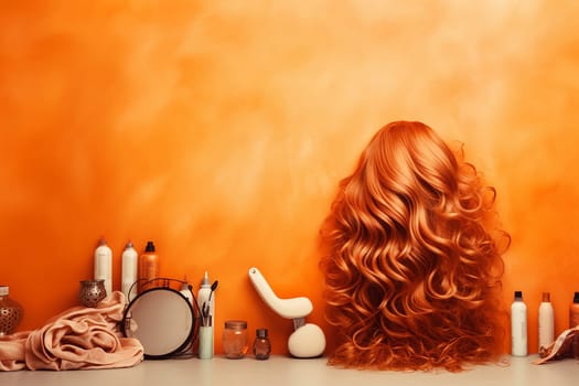 Lustrous red hair against an orange backdrop with beauty products.