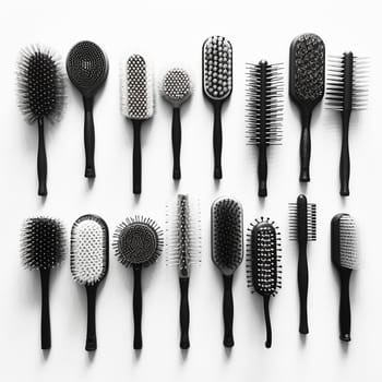 Assortment of various hairbrushes on a white background.