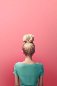 Woman with bun hairstyle facing a pink background.