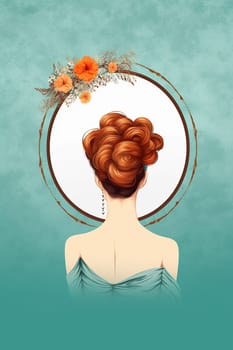 Elegant illustration of a woman's back with stylized hair and floral adornment.