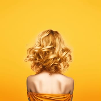 Blond woman with curly hair against a yellow background