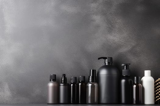 Various bottles and containers neatly arranged on a dark textured surface.