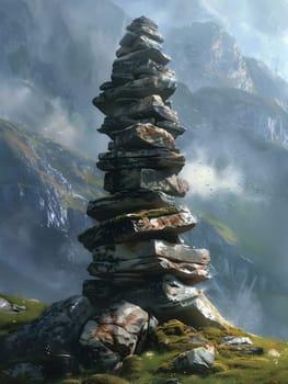 A painting of a stack of rocks surrounded by evergreen trees on a mountain, with clouds in the sky and a natural landscape backdrop