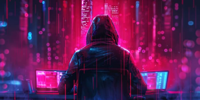 Dangerous hooded hacker. Internet, cyber crime, cyber attack, system breaking and malware concept. Dark face. Anonymous holding smart phone and laptop in hands. High quality photo