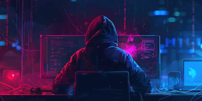 Hacker with laptop in dark room, cyber security. High quality photo