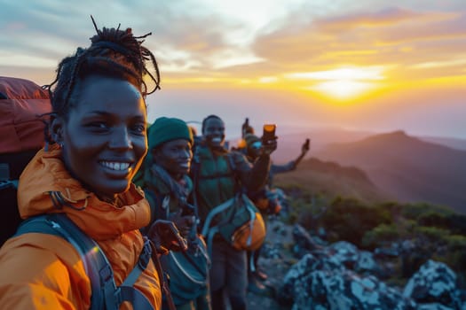 Hiking group at sunrise on a mountain. High quality photo