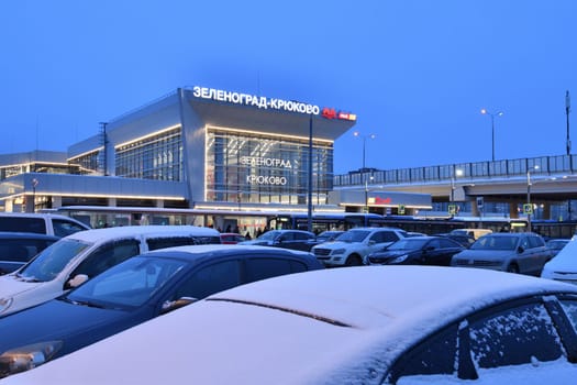 Moscow, Russia - Feb 14. 2024. Parking before Moscow Central Diameter D3 Zelenograd - Kryukovo