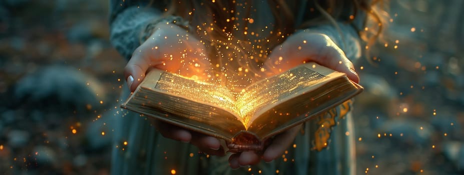 Old open book with magic light and falling stars. High quality photo