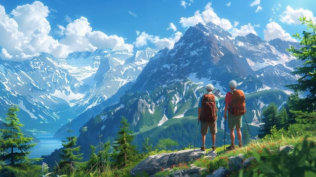 Rear view of couple while hiking. High quality photo