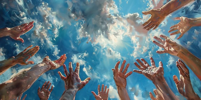 Human hands on sky background. High quality photo