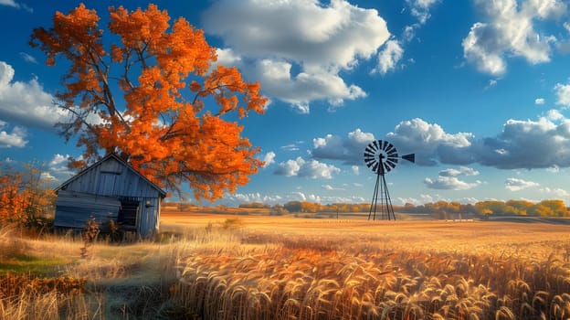 A windmill stands proudly in the middle of a field, with a barn in the background under a sky filled with cumulus clouds, creating a picturesque natural landscape