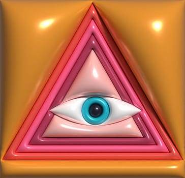 Eye in a triangle on an orange background, 3D rendering illustration