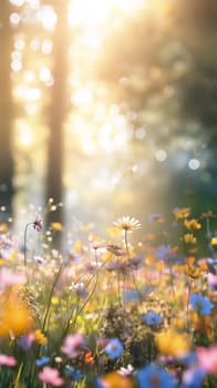 A serene meadow brimming with colorful wildflowers is bathed in the warm, glowing light of the setting sun, creating a tranquil and picturesque scene.
