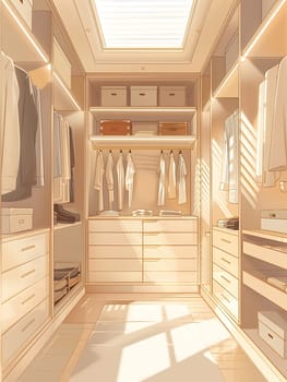 A walkin closet lined with hardwood flooring and ceiling, showcasing various builtin drawers and clothes racks made of wood fixtures