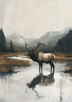 An elk is standing in a serene lake surrounded by majestic mountains under a beautiful sky with fluffy clouds in the natural landscape