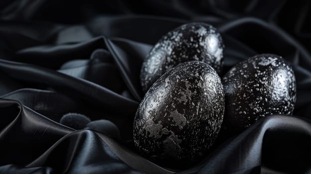 Silver metallic and black Easter Eggs on dark Background. Happy Easter eggs.