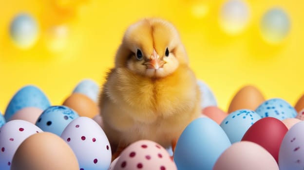 An adorable fluffy yellow baby chick stands in front of a pile of colorful Easter eggs. The chick is looking at the camera with a curious expression. It is isolated on a white background.