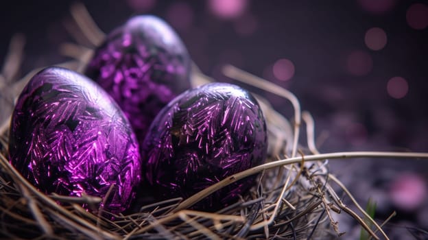 Purple and black Easter Eggs on dark Background. Happy Easter eggs.