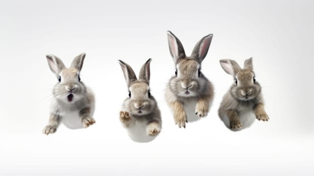 Adorable fluffy rabbits with perky ears hopping on white background.