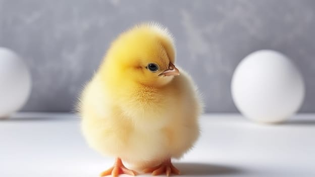 Fluffy yellow baby chick standing in front of yellow eggs. Fresh farm eggs. Chicken farm