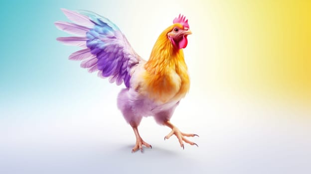 Vibrant chicken flying with colorful rainbow feathers in the sky on bright background.