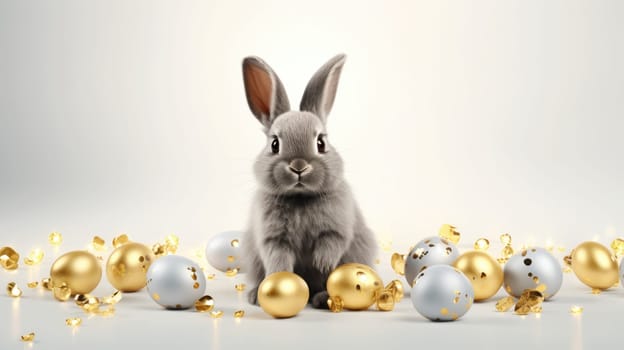 A charming small gray rabbit surrounded by shiny gold and silver Easter eggs on a bright white background. The rabbit is gazing directly at the camera, adding a touch of whimsy to the festive scene.