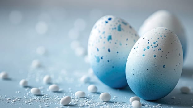 Blue Easter Eggs with White Polka Dots on Light Blue Background. Easter eggs.