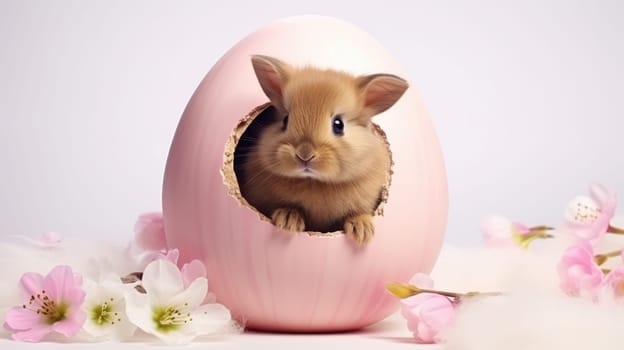 A cute baby rabbit in a broken eggshell, perfect for Easter projects. The rabbits ears are perked up and eyes wide open, looking out of the shell on a white background.