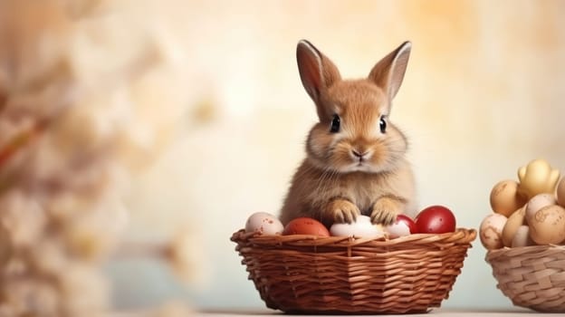 A fluffy white rabbit with long ears in a basket surrounded by Easter eggs on a blue background. Curious expression, vibrant colors. Ideal for Easter or spring projects.