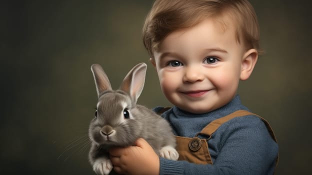 An adorable image of a toddler boy smiling and hugging a cute gray bunny. Perfect for illustrating stories about children, animals, and family. Isolated on a gray background.