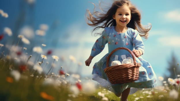 Cheerful young girl holding colorful Easter egg basket under clear blue sky on sunny spring day.