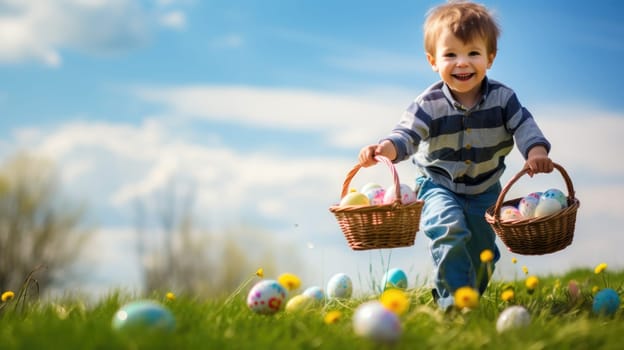 Boy Running with Easter Basket on Green Grass Field with Colorful Eggs.