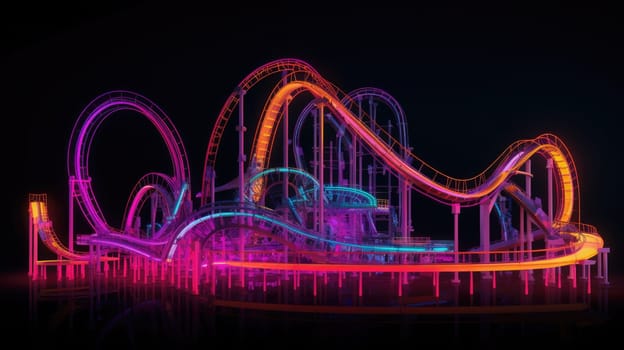 Amusement park with roller coaster at night with bright colorful neon lights.